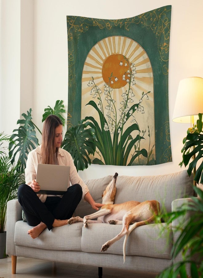 HUGANE Emerald Green Lily of the Valley Boho Sun Tapestry, Mystical Folk Botanical Wall Tapestries, Vintage Boho Sunshine Flower Hanging Wall Decor for Bedroom Living Room Home Office - Image 3